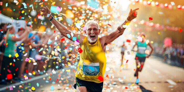 Old man finishes marathon greeted with confetti