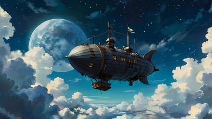 Obraz premium ーム背景 満月の青空の中を進むスチームパンクなレトロデザイン飛空艇 