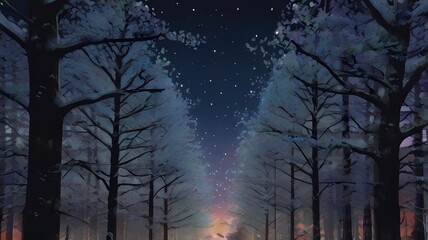 Obraz premium 美しい星空と樹氷が並ぶ神秘的な壁紙風景