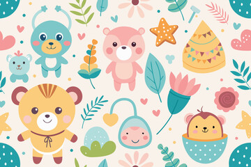 Fototapeta premium Baby Seamless Pattern Design, A Set of Simple Decorative Elements in a Hand Drawn on Style Cartoon Flat Illustration Template, seamless pattern with easter eggs