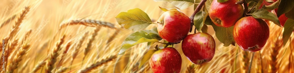 Poster juicy red apples dangling from an apple tree branch near a field of wheat.
