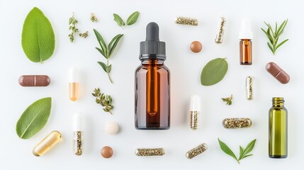 Herbal Supplements and Essential Oil Bottles with Green Leaves
