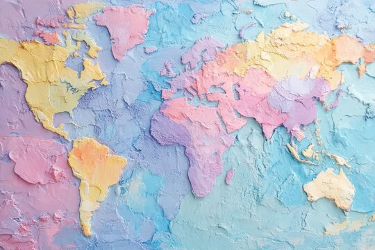 Colorful textured world map art in pastel hues on a wall