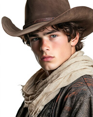 Fototapeta premium Portrait of a Young and Handsome Cowboy in 1900s Clothing Vintage Western Style