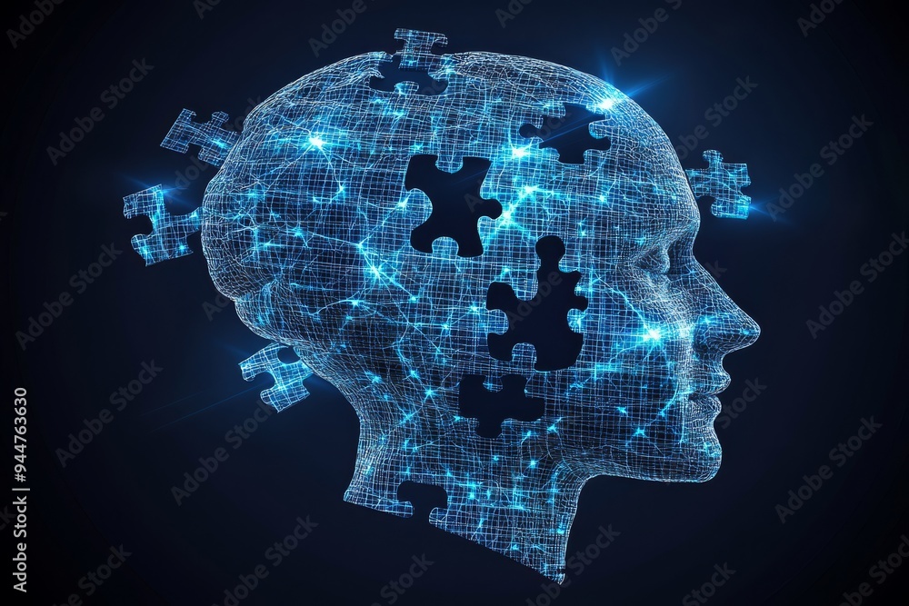 Poster digital illustration of a human head with glowing puzzle pieces symbolizing the complexity of the mi