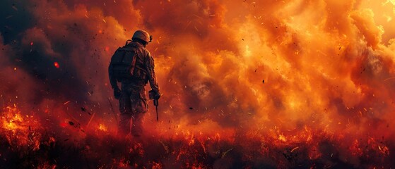 Fototapeta premium Silhouetted Soldier Standing in a Blazing Inferno