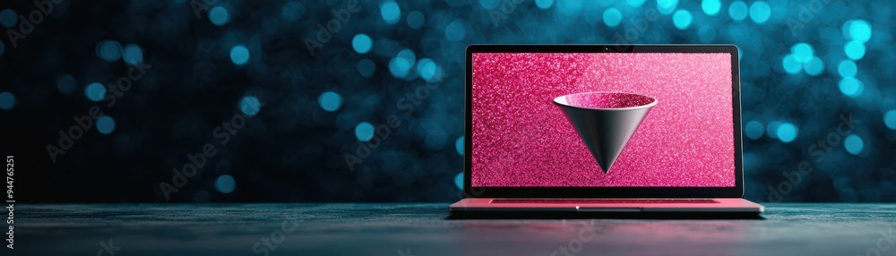 Aufkleber cyber laptop with data funnel graphic, symbolizing digital knowledge distillation, futuristic interf