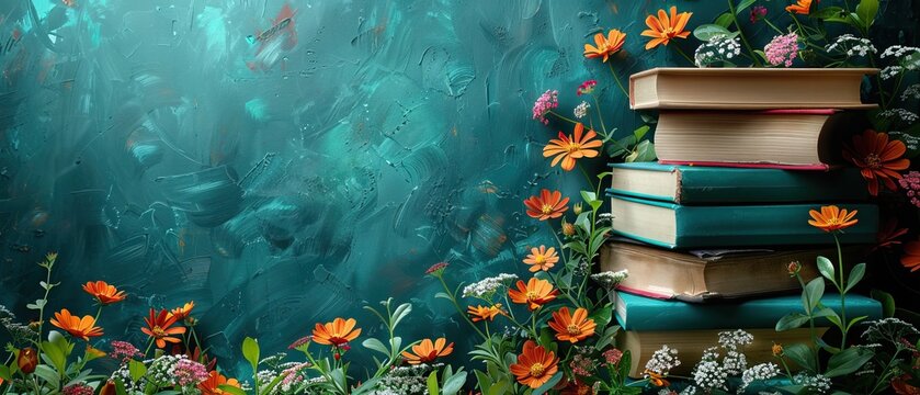 Stacks of Books Adorned with Vibrant Orange and White Flowers