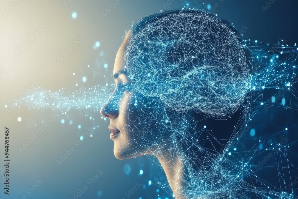 Aufkleber surreal digital portrait of a woman with neural networks symbolizing the fusion of technology though