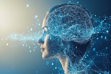Surreal digital portrait of a woman with neural networks symbolizing the fusion of technology thought and the interconnectedness of ideas in a modern world