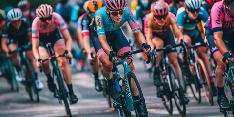 Bicycle race. Many people on bicycles participate in a bicycle race. Cycling competition, cyclist athletes riding a race at high speed. Sports and active lifestyle
