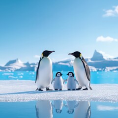 Fototapeta premium A family of penguins interacting with the environment in a polar setting highlights the social patterns seen in biotic communities.