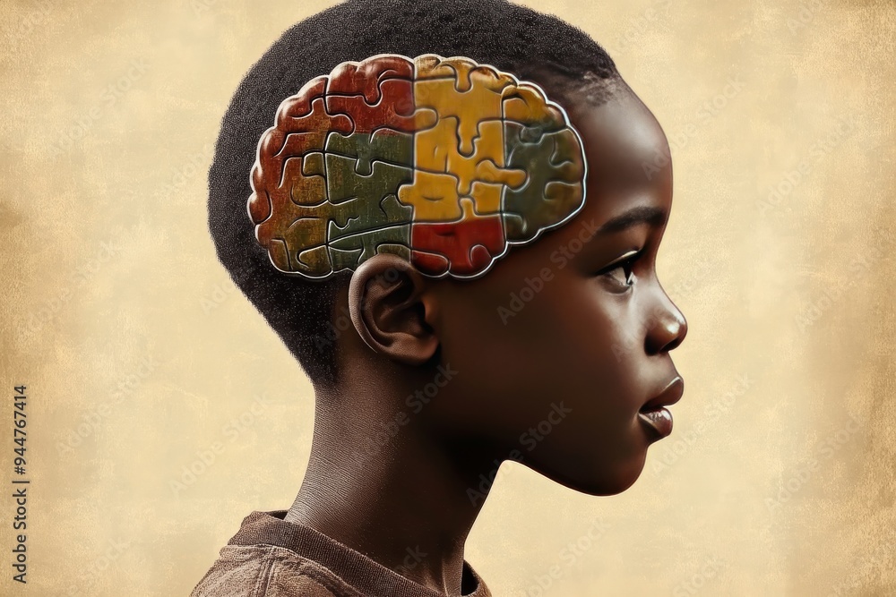 Aufkleber profile of a child with colorful puzzle pieces as a brain symbolizing the development of thoughts cr