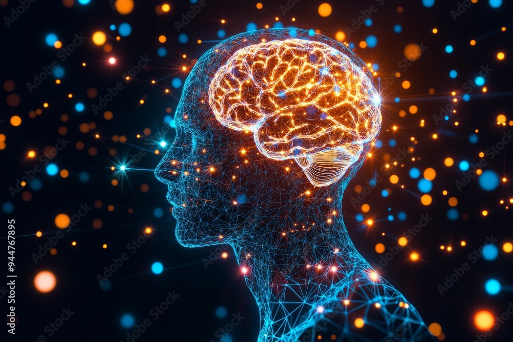 Aufkleber futuristic digital art of a glowing brain in a network of connections symbolizing intelligence creat