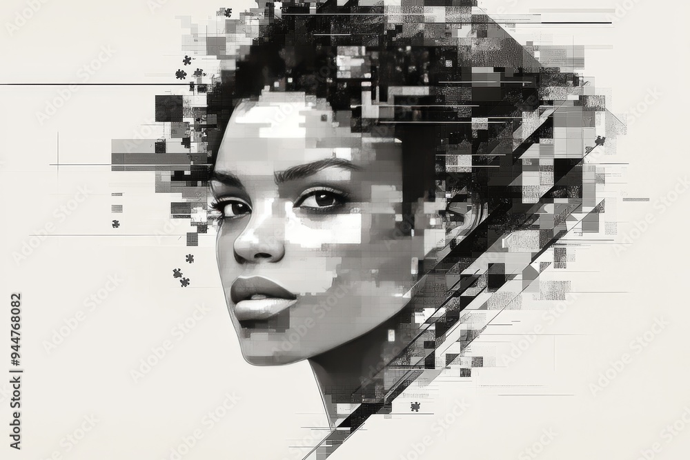 Poster monochromatic portrait of a woman disintegrating into pixels symbolizing the fragmentation of identi