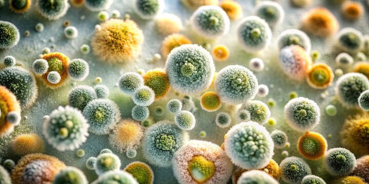 Mold spores being released from a mold colony , microscopic, fungi, allergen, airborne, health hazard, mycotoxins, contamination