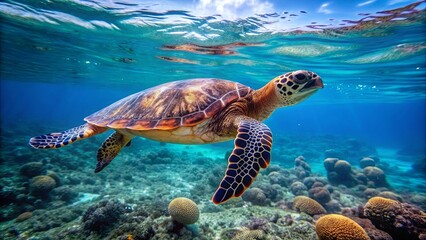 Obraz premium Hawksbill sea turtle swimming in the clear waters of the Indian Ocean, nature, wildlife, marine, underwater