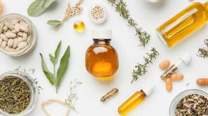 Herbal Supplements and Oils Flat Lay