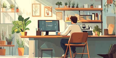 A modern cafe with a person seated at a desk area, working on a computer while sipping coffee from a mug, enjoying the peaceful and relaxed vibe of the space