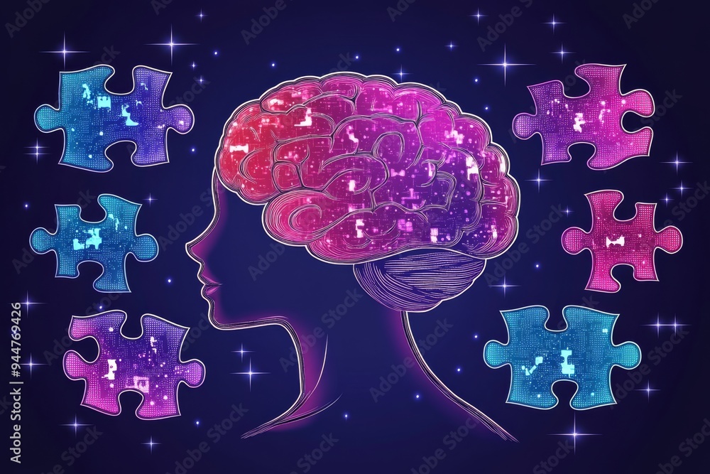 Aufkleber artistic depiction of a human brain surrounded by puzzle pieces symbolizing the complexity and inter