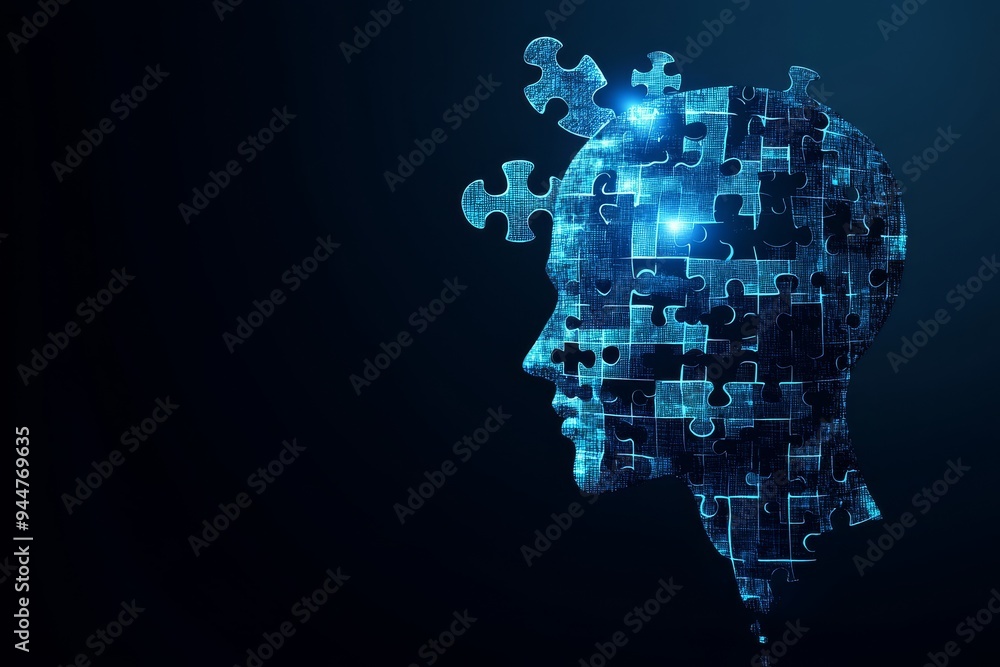 Poster digital silhouette of a human head formed by interlocking puzzle pieces symbolizing cognitive proces
