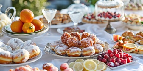Buffet of Hanukkah Delicacies Featuring Pastry and Citrus on an Elegant Tablecloth with Focused Detail