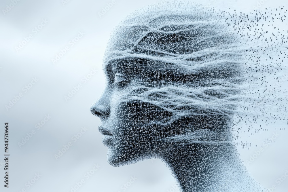 Aufkleber ethereal minimalist depiction of a human profile dissolving into particles symbolizing the transient