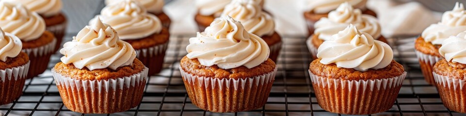 Pumpkin spice cupcakes topped with frosting on a wire rack.