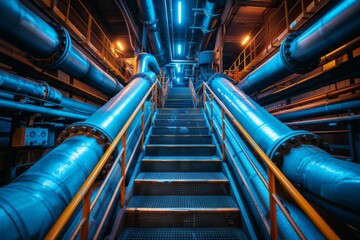 Industrial staircase with large metal pipes illuminated by blue and orange lights in a facility