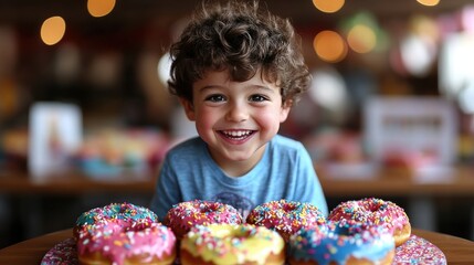 Naklejka premium Portrait of a Smiling Child Boy with Colorful Donuts on a Table in a Bright and Cheerful Setting