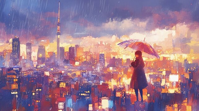 雨の夕暮れ、大都市の風景画3