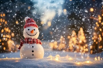 Fototapeta premium Happy Snowman In Winter Wonderland With Trees Lights And Falling Snow with generative ai