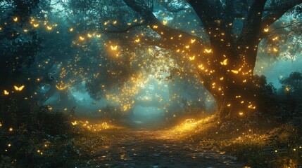 Magical Forest Path with Glowing Butterflies