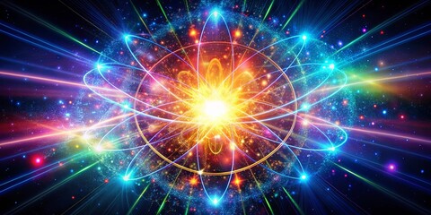 Obraz premium Vibrant glowing atom reactor bursting with vibrant energy and cosmic particles, energy, vibrant, glowing, atom, reactor