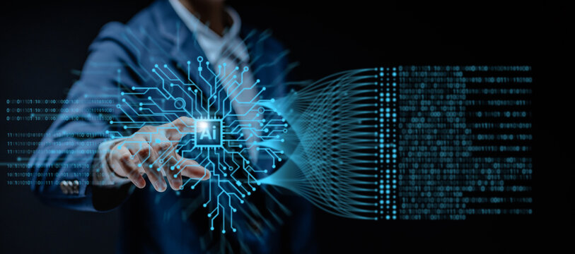 Scientist working with business data, finance, marketing report, Big Data Analytics technology, Processing Complexity information flow on virtual screen, machine learning, artificial intelligence, ML