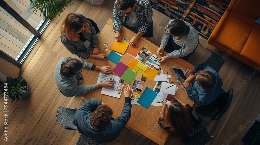 Poster a collaborative brainstorming session in a modern workspace with diverse team members creating color
