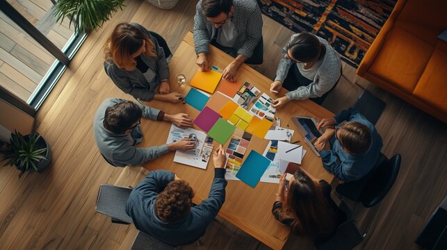 A collaborative brainstorming session in a modern workspace with diverse team members creating colorful project plans during the day