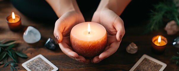 A serene moment of mindfulness with a glowing candle held gently between hands, surrounded by crystals and cards.