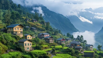 Fototapeta premium Lush hillside village surrounded by misty mountains at dawn