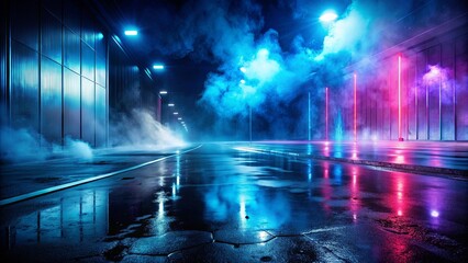 Dark street with wet asphalt reflecting rays in water