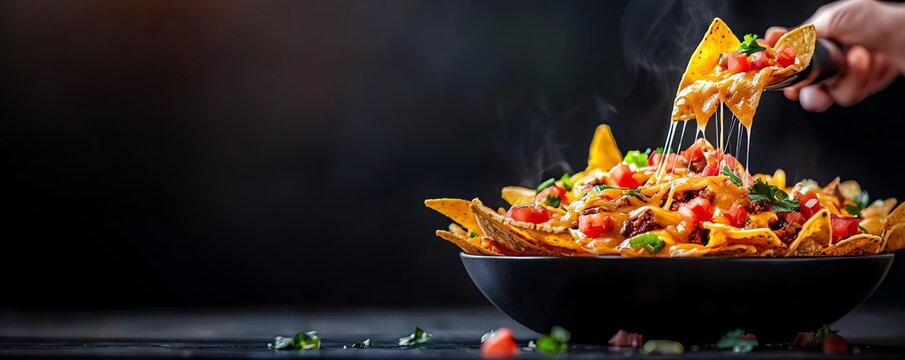 Close-up of nachos with melted cheese, fresh tomatoes, and jalapenos in a black bowl, perfect for a party or casual snack setting.