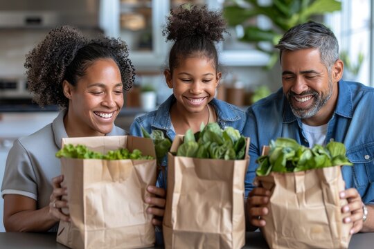 Family joyfully unpacks fresh groceries in a modern kitchen during a sunny afternoon