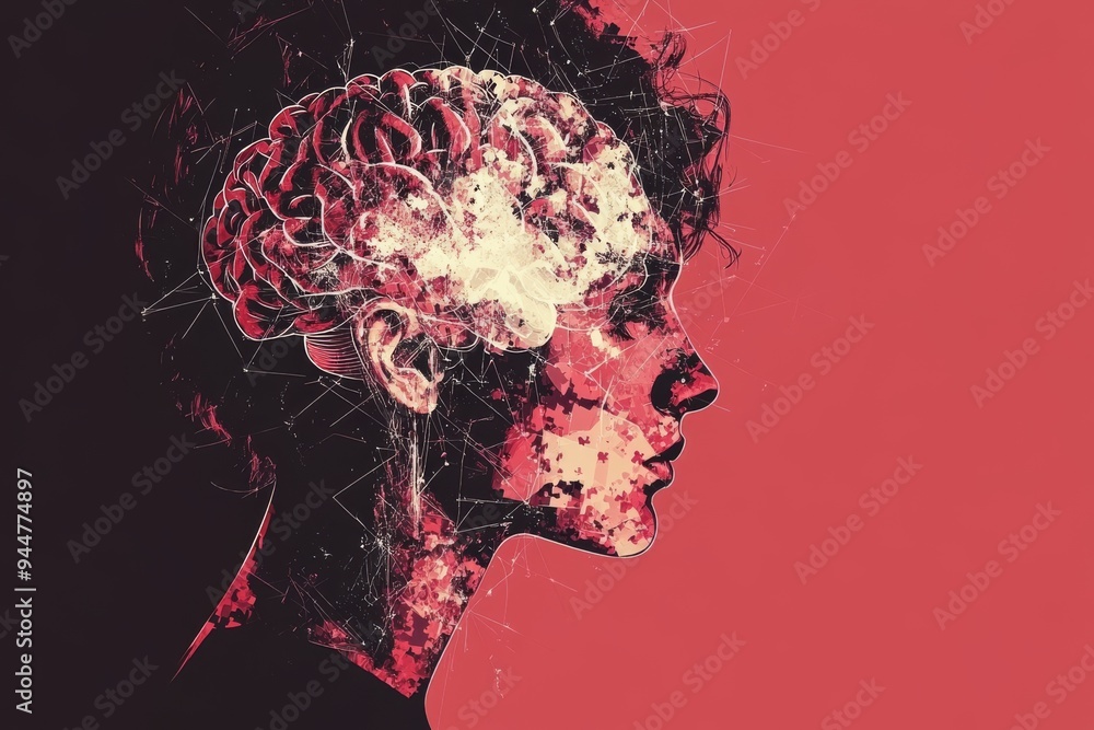 Poster side profile of a woman with an illuminated brain surrounded by light trails symbolizing intellectua
