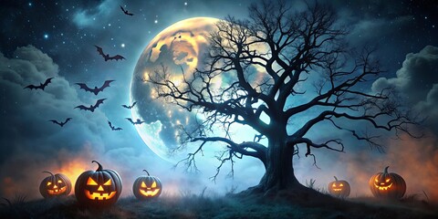 Spooky tree in dark night with Halloween horror background, Spooky, tree, dark, night, Halloween, horror, black, background