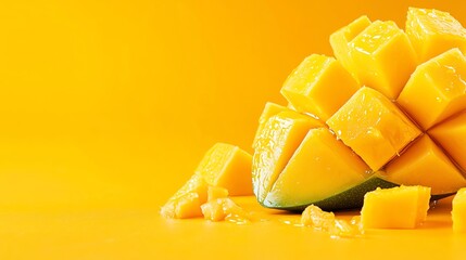 Fresh, juicy mango sliced into cubes on a vibrant yellow background, perfect for summer-themed designs and tropical food concepts.
