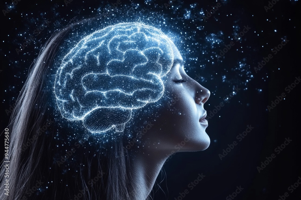 Aufkleber womans profile with a glowing brain against a starry backdrop illustrating the vastness of thought i