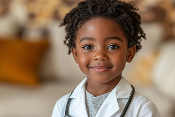 Naklejka premium A portrait of a little black boy dressed as a doctor, expressing aspirations and diversity. Suitable for children's events and healthcare-related concepts.