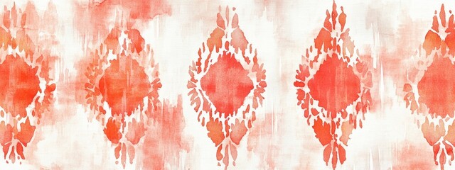 Watercolor illustration of Ikat pattern featuring red ethnic designs Geometric print with elements of tie and dye Abstract fabric designs in a boho shibori batik style with orange damask motifs