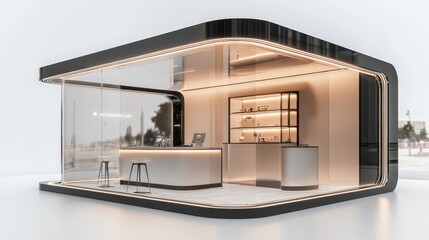 Modern Glass and Black Kiosk with Illuminated Counter and Shelving
