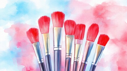Watercolor illustration of red art brushes set against a colorful background